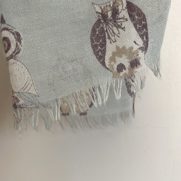 Large light blue whimsical Owl print lightweight fashion scarf. Eyelash fringes - Picture 9 of 11